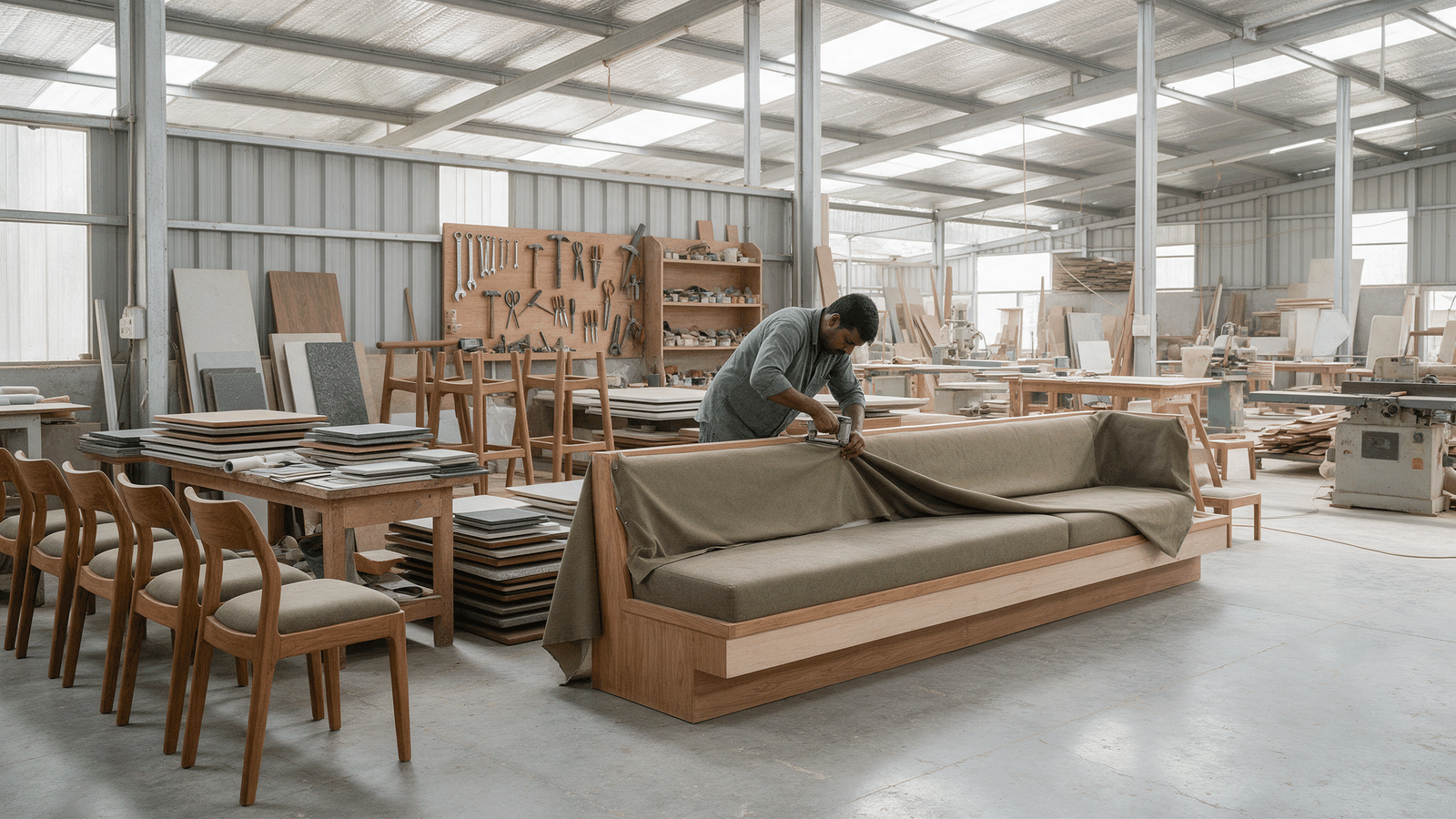 Upholsterer finishing a banquette module in a workshop with timber chairs, tabletops and bar stool frames